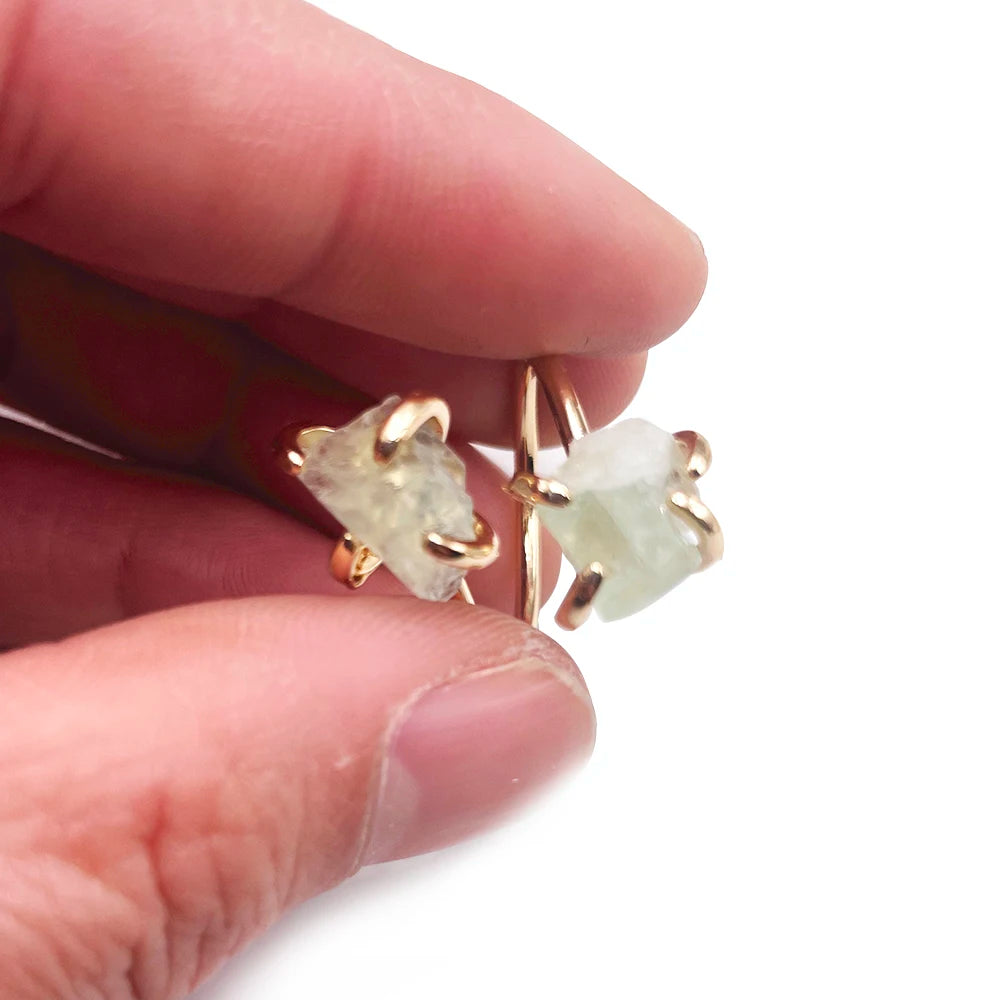 Irregular Fluorite Crystal Open Cross Ring for Women Girls Claw Setting Gold-color Boho Rough Stone Finger Jewelry Resizable