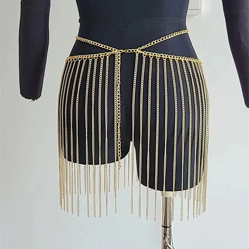 Women's Y2K Summer Mini Skirt with Metal Sequins Glitter Rhinestone Tassel Waist Chain for Festival Rave Nightclub