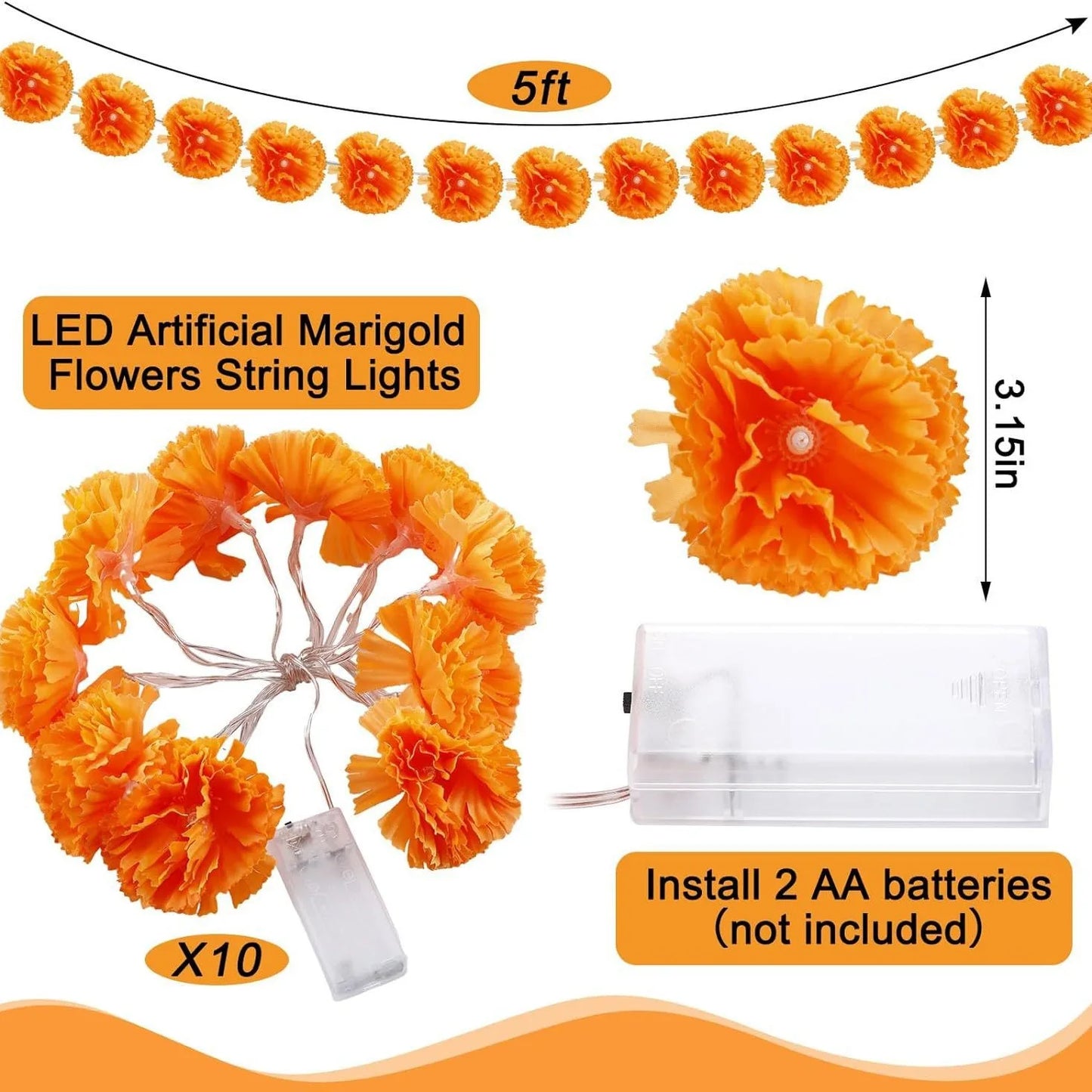 Mexican Marigold Artificial Flowers Day Of The Dead Diy Home Outdoor Decor Halloween Diwali Party 1.5m Garland String Lights
