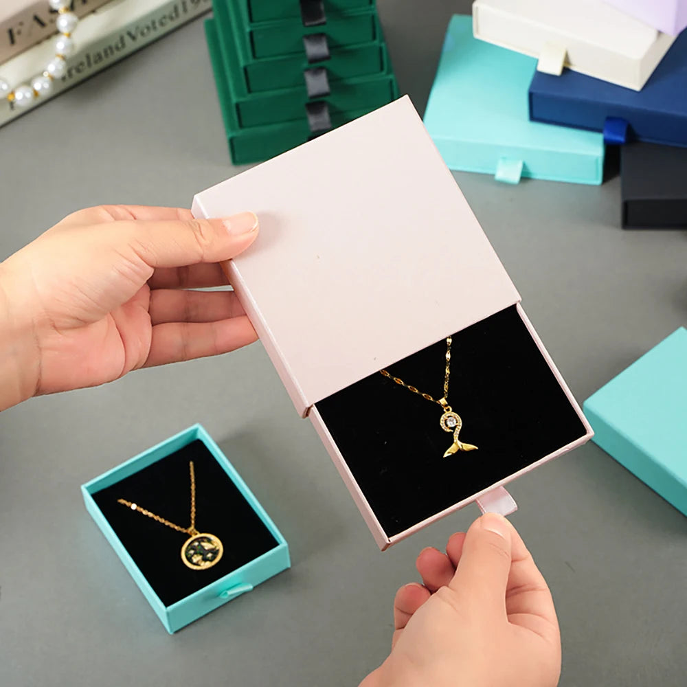 10 Bulk Luxury Hard Rigid Cardboard Sliding Jewellery Gift Box Beige Paper Drawer Jewelry Ring Stud Earring Packaging Boxes Case
