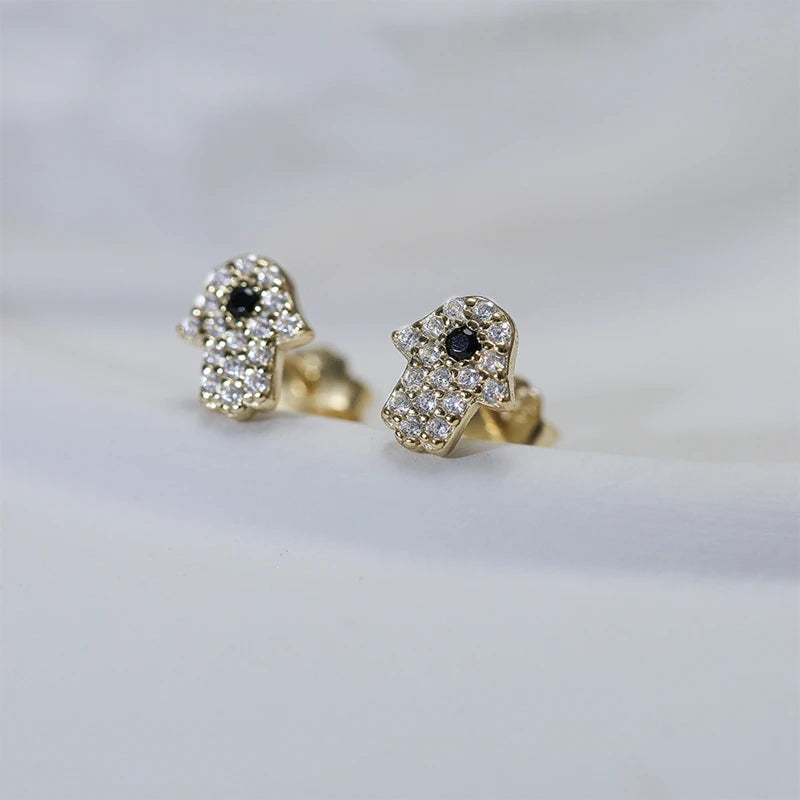 LENNIK 925 Silver Vintage Cute Fatima Hand Small Hoop Earrings For Women Chic Trendy Eye Palm Pendant Mini Stud Earrings Jewelry