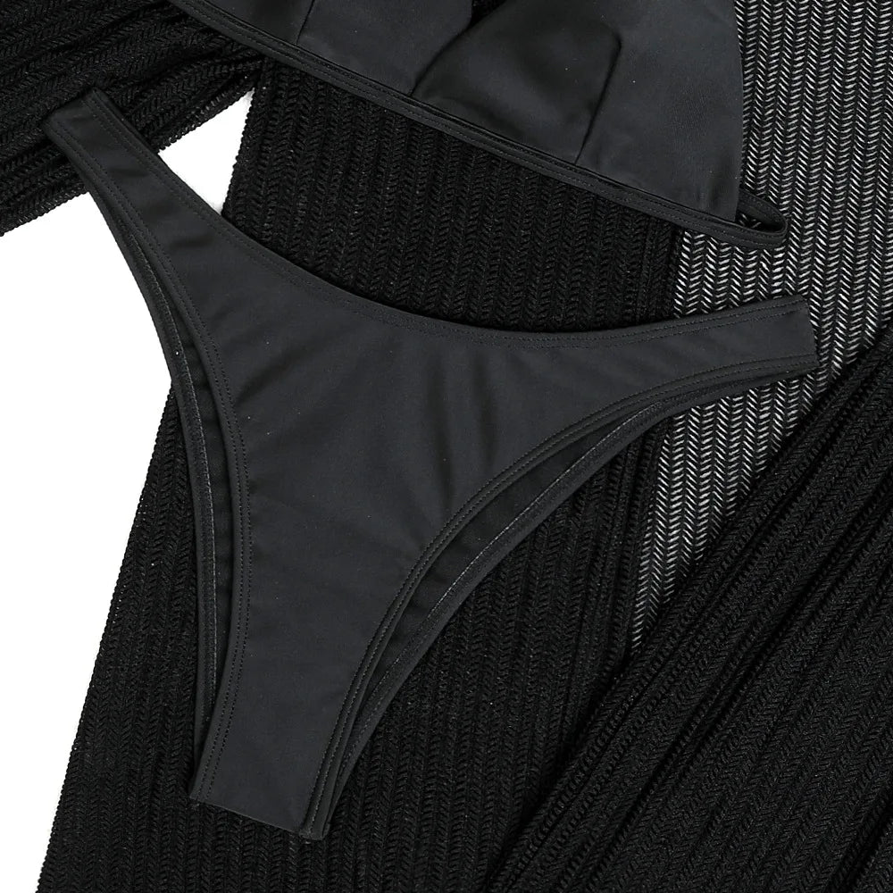 Summer 4 Piece Bikinis Sets Women Black White Mesh Half Sleeve Cover Up with High Waist Panties Swimsuit Bathing Suit Swimwear