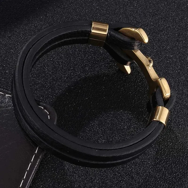 Trendy Man Jewelry Accessories Black Leather Bangles Stainless Steel Anchor Charm Bracelet Men Handmade Leather Wristband SP0757