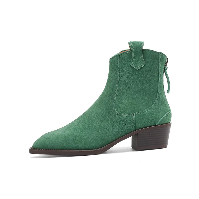 2025 Autumn Winter Trend Cow Suede Women Western Boots Black Brown Khaki Purple Green Burgundy Pointed Toe Ladies Ankle Boots