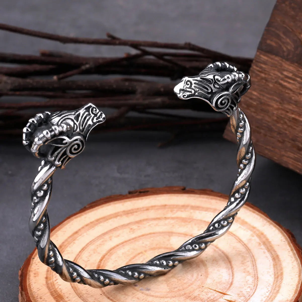 Viking Nordic Goat Head Animal Men Cuff Bracelet High Quality Fashion Stainless Steel Jewelry With Wooden Box