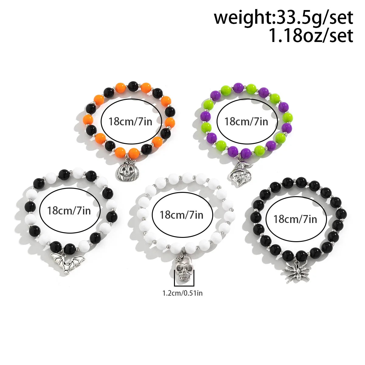 5pcs/Set Halloween Grimace Beaded Bracelet Set Holiday Party Skeleton Witch Pumpkin Head Woman Jewelry New Party Year's Gift