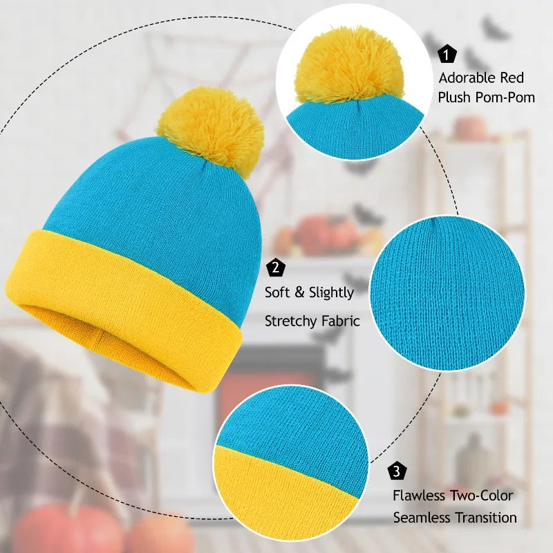 2pc Halloween Cosplay Funny Beanie Hat and Gloves, Character Park Knit Hat Winter Christmas Costume Accessories