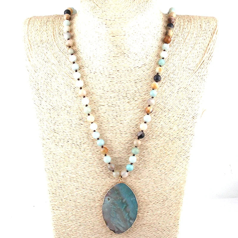 Fashion Bohemian Tribal Jewelry Amazonite Stones Long Knotted Stone Pendant Necklaces Women Ethnic Necklace