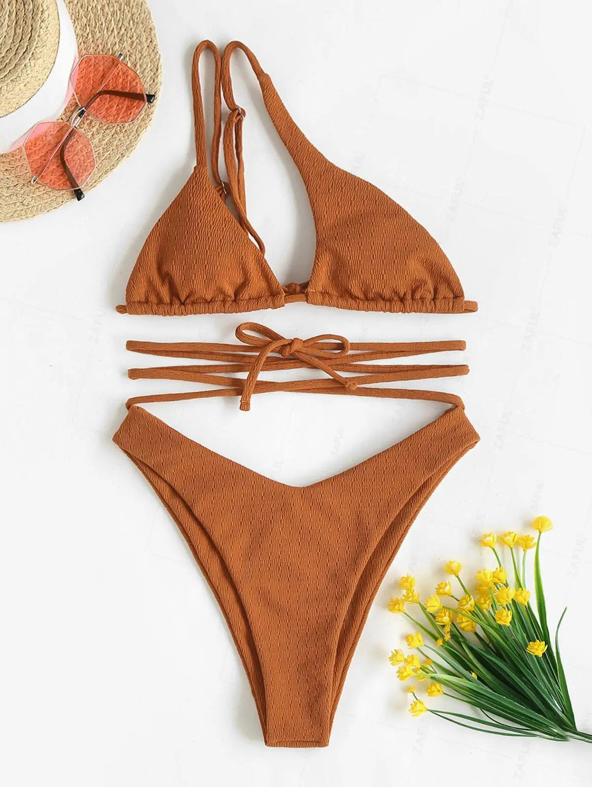ZAFUL Bikini Set Textured One Shoulder O-ring Swimwear Women Beachwear Bathingsuit Removable Pads Wire Free Bather Swimingsuit