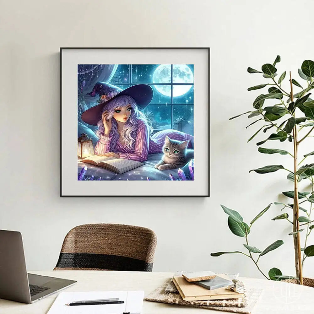 Huacan 5D Girl Cat Diamond Painting Halloween Book Window Moon Full Square Round Drill Diamond Mosaic Decorative Paintings