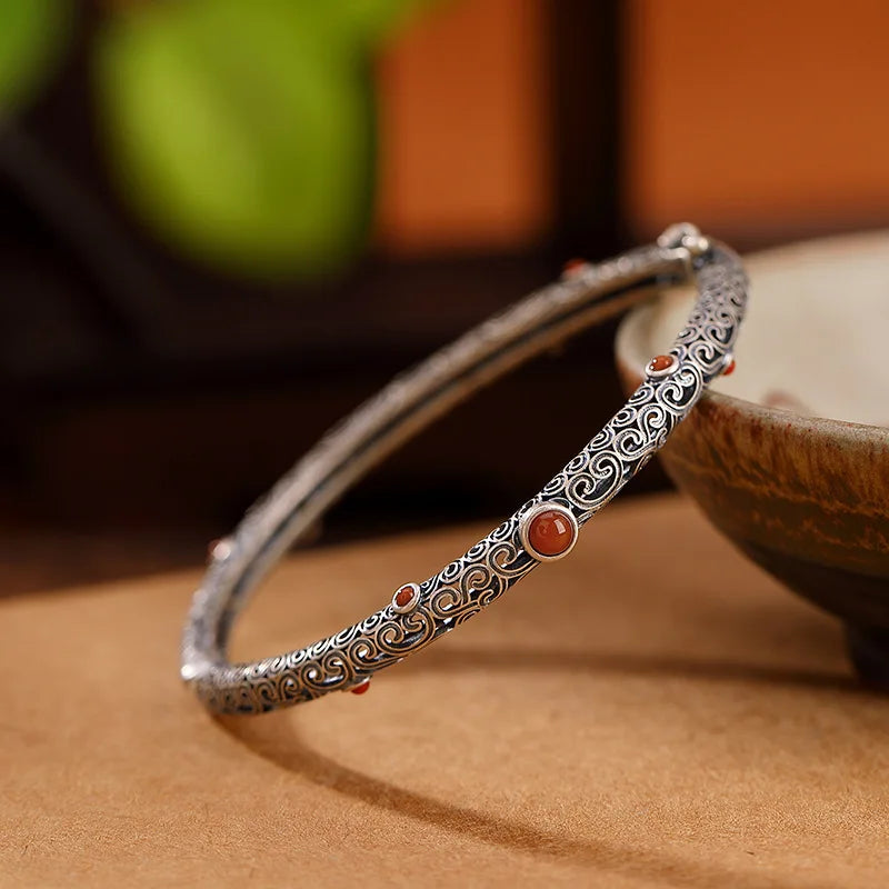 925 silver vintage ethnic style classic southern red tourmaline bracelet for women fine openwork bangles party jewelry
