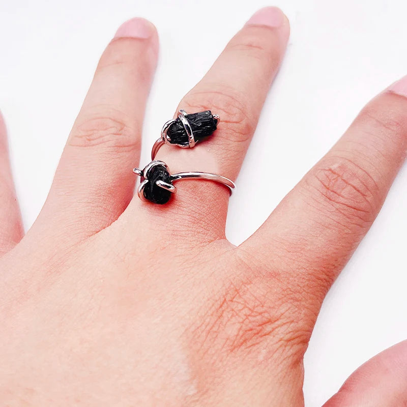 Irregular Black Tourmaline Open Ring Silver Color Handmade Raw Stone Finger Jewelry Resizable