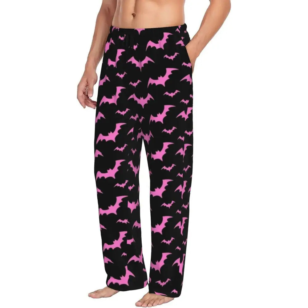 Custom Cute Spooky Halloween Bats Black And Purple Pajama Pants for Men Lounge Sleep Drawstring Sleepwear Bottoms with Pockets