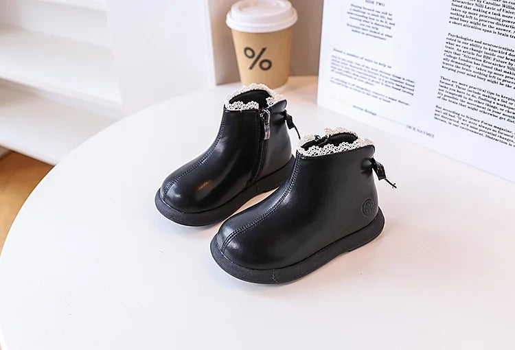 2024 New Autumn Children Boots Leather Girls Ankle Boots Lace Butterfly-knot Rubber Sole Fashion Toddler Kids Boots EU 21-30
