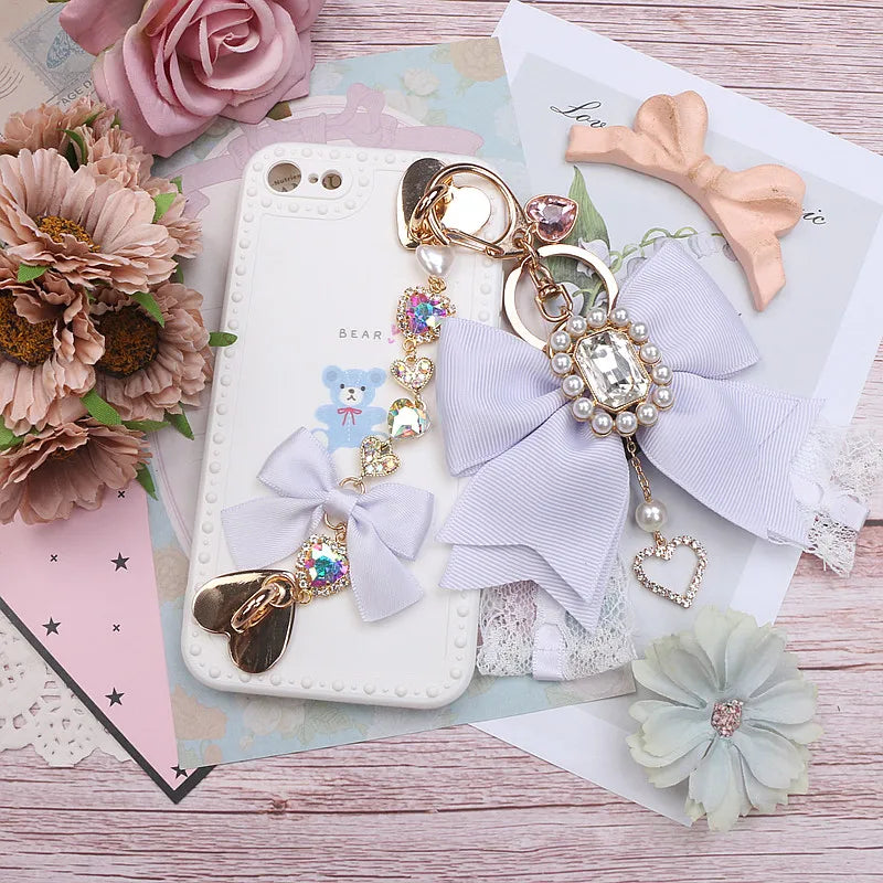 Japanese Sweet Cute Handmade Rhinestone Bow Hairpin Pearl Lace Hairclips Lolita Women Girls Side Clip Bag Pendant Handbag Charms