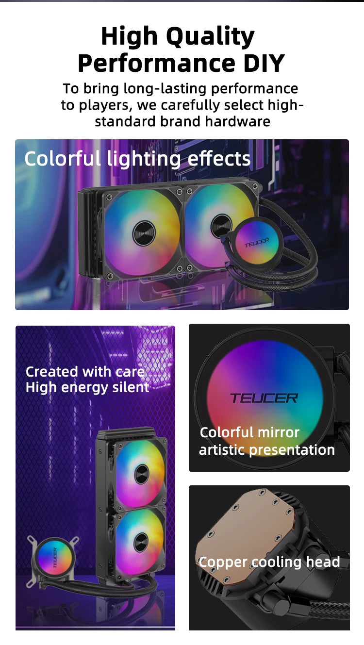 TEUCER AF S240 Water Cooled Cooling Radiator Colorful Lighting Water Cooling Head 12CM Fan For LGA 2011 17XX 1200 115X AM4 AM5