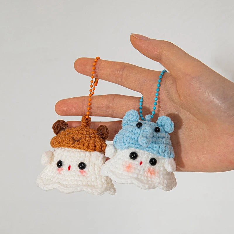 Kawaii Halloween Crochet Ghost Keychain Desktop Ornament Mini Handmade Knitted Keyring Accessories Bag Pendant Gifts Home Decor