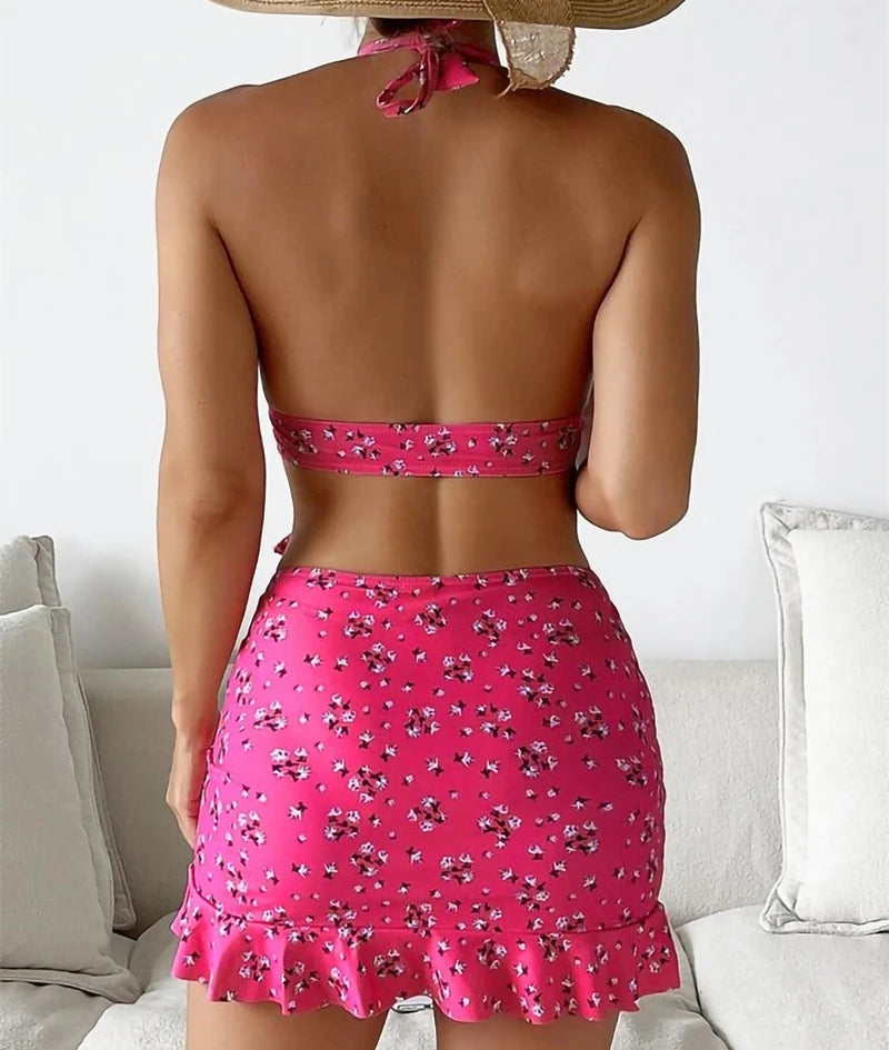 Women Low Cut Bikinis Set with Ruffles Skirt Three Pieces Swimsuit Sexy Halter Bandage Monokini Backless Swimwear Bathing Suits