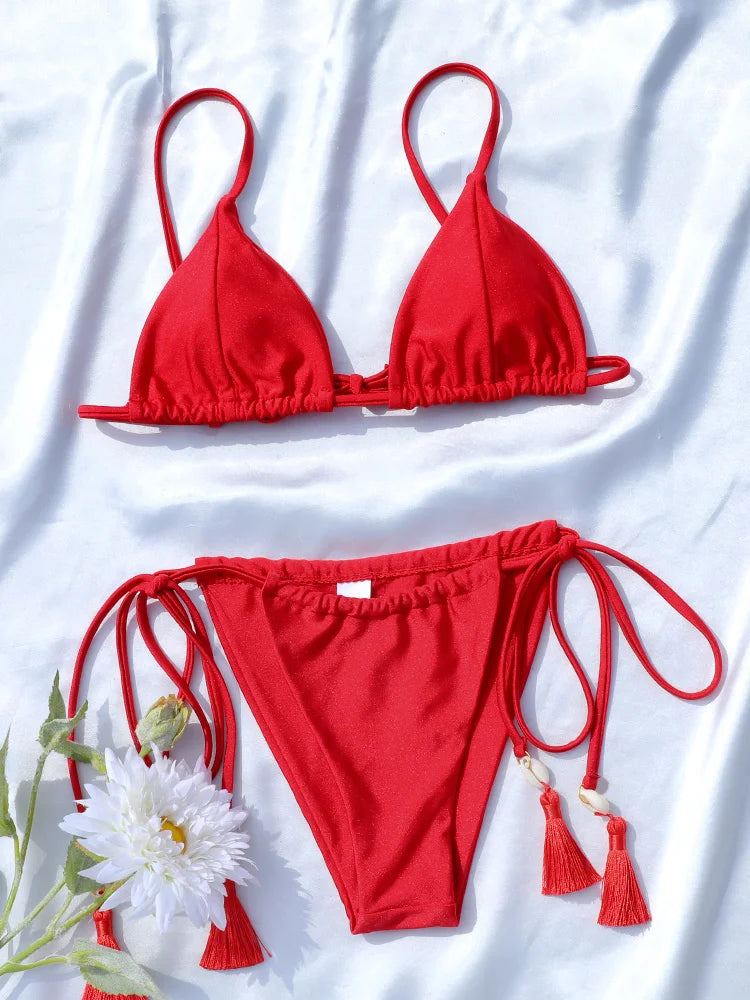 ZRTAK String Beachwear Shell Tassels Red Bikinis Sexy Swimsuit Women Two Piece Biquini Bathing Suit Swimwear Triangle Bikini Set