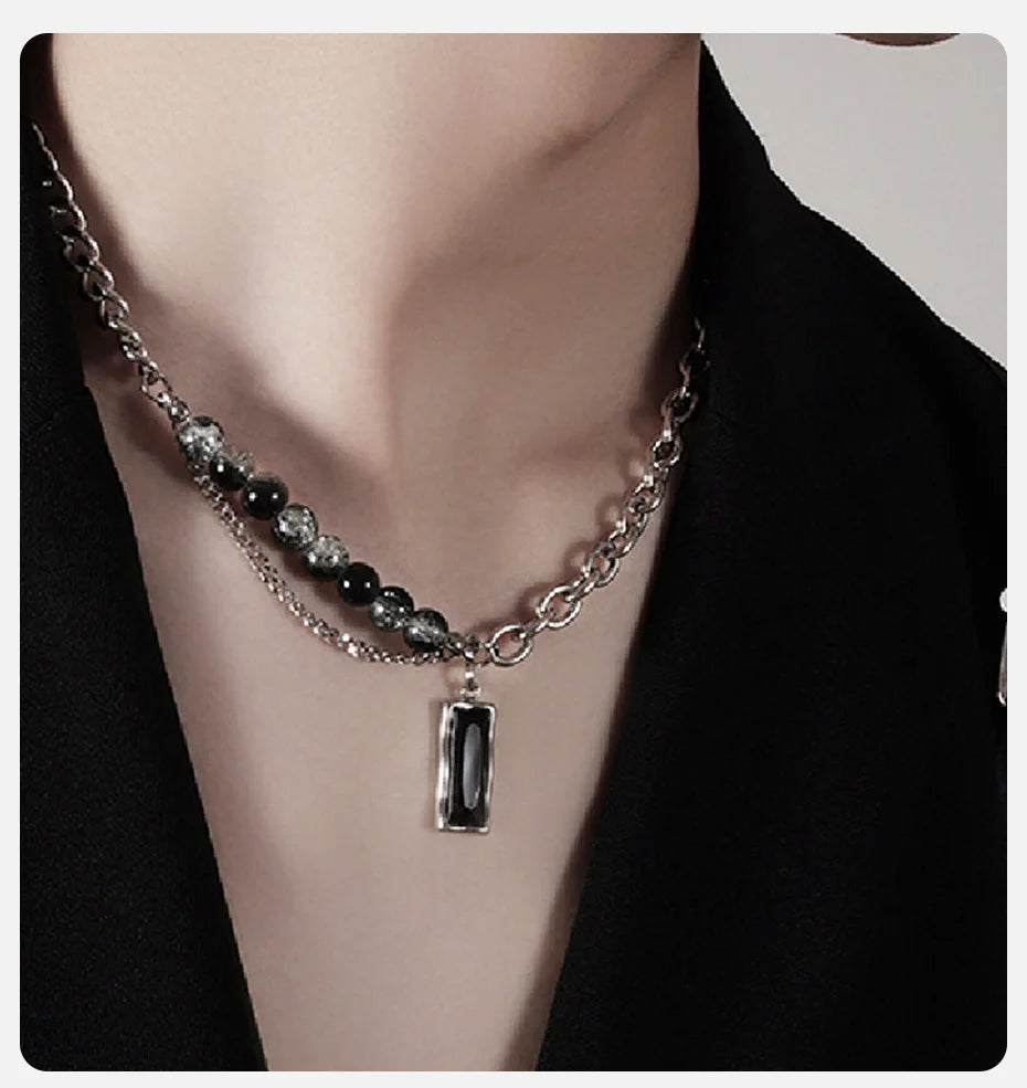 Vnox Stylish Black Stone Choker Necklaces for Men Women, Double Layers Chain Collar,Valentine's Father's Day Birthday Party Gift