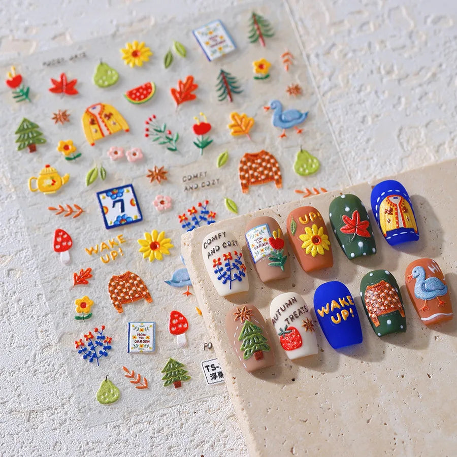 Classic Red Maple Leaves Golden Ginkgo Autumn Harvest 5D Nail Art Sticker Cute Pumpkins Ladybug Mushrooms Adhesive Manicure Deca