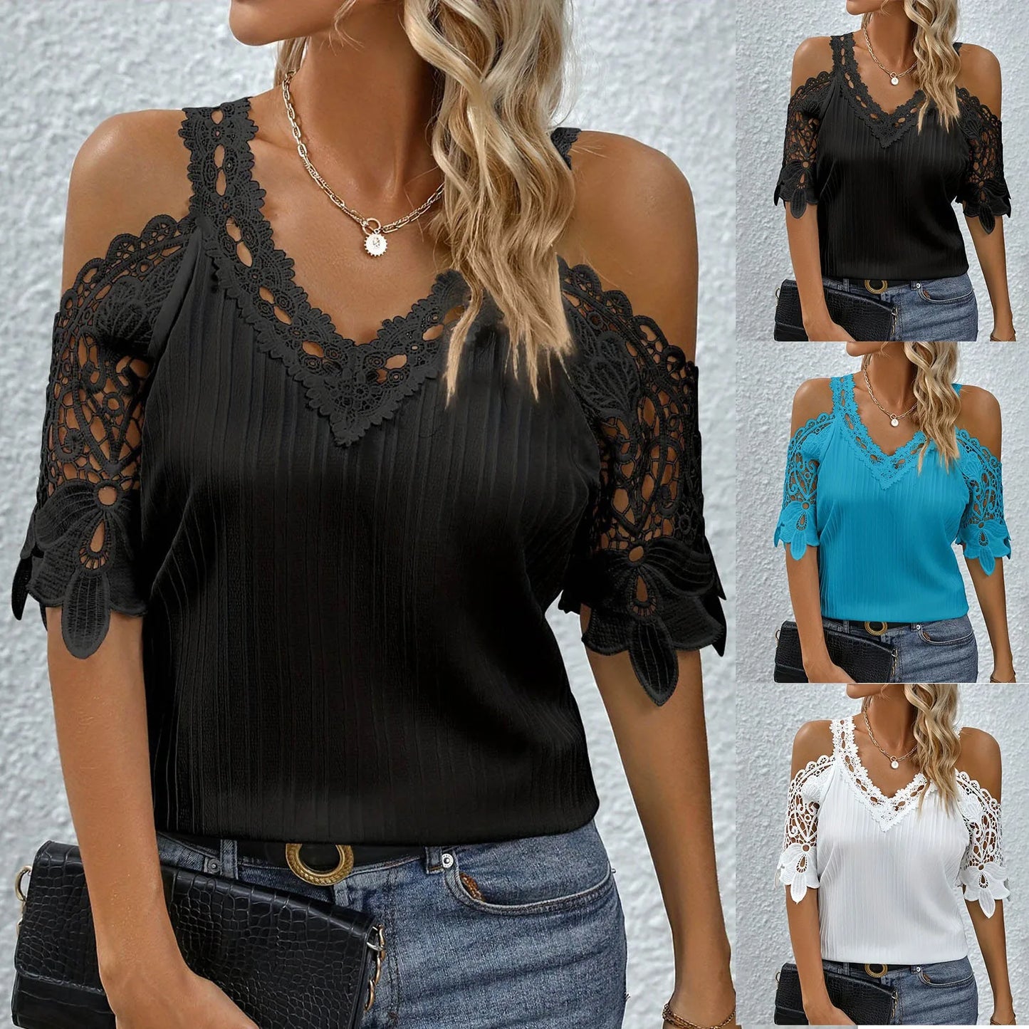 T Shirt for Women Trendy Women's Solid Color Sexy Lace Hollow Out Tops Embroidery Off Shoulder Slim Fit Shirts for Women
