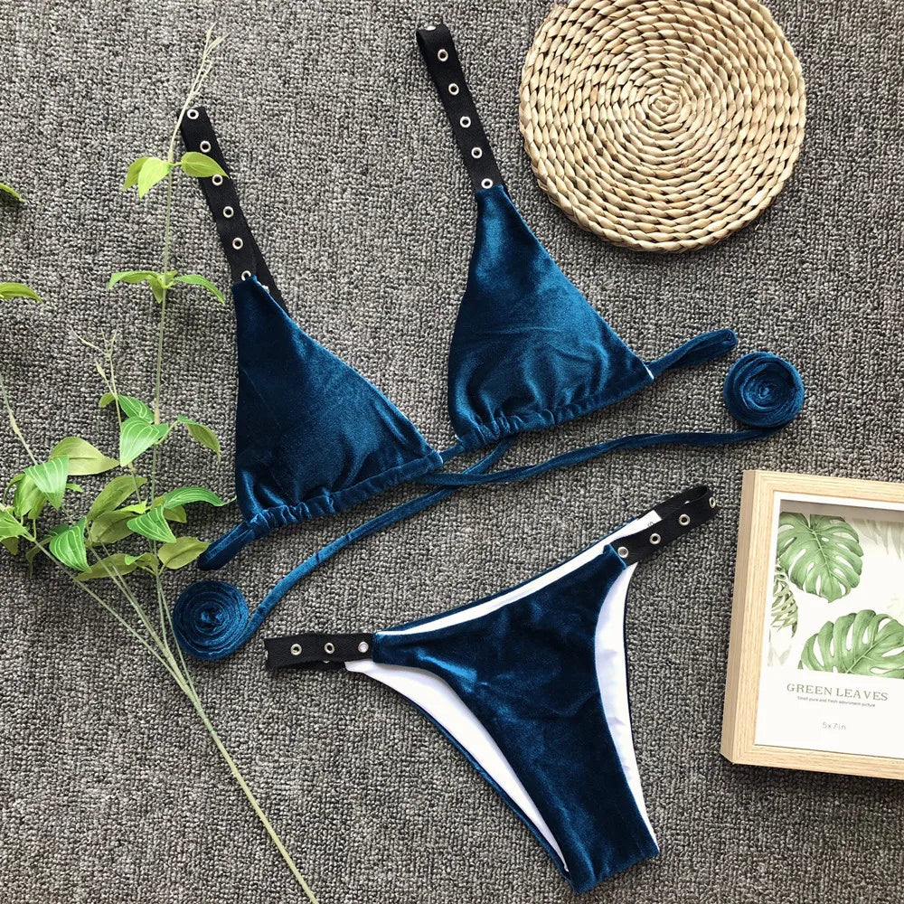 Bikini 2025 Sexy Velvet Fabric Solid Swimwear Swimsuit Women Bikinis Set Bathing Suit Beach Bikini Female Hollow Straps Biquinis