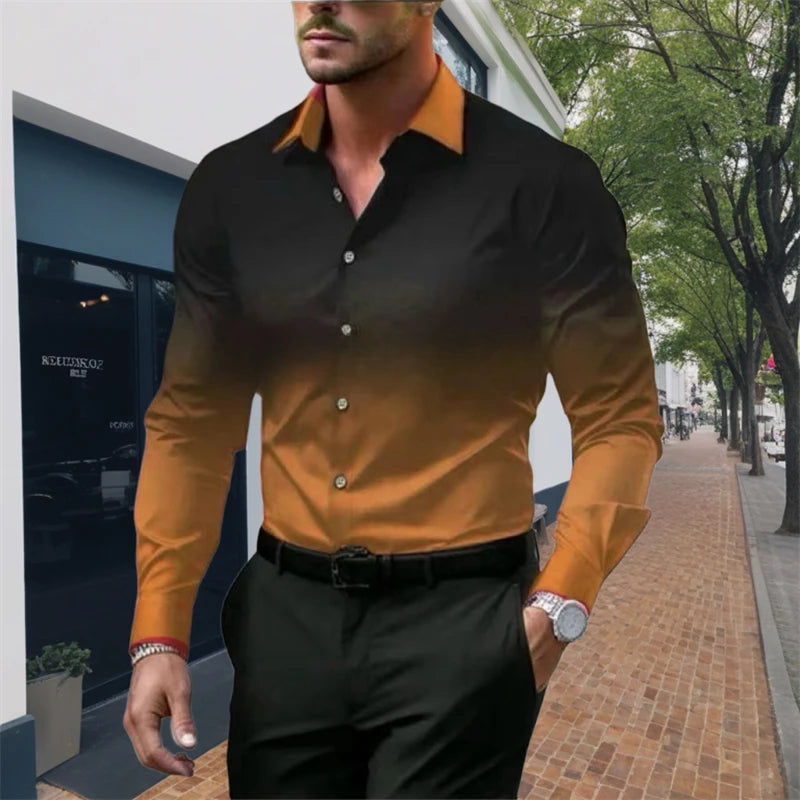 2024 Men's Striped Long Sleeve Shirt Men's Casual All-match Fashion Street Men's Shirt Lapel Single-breasted Long Sleeve Top