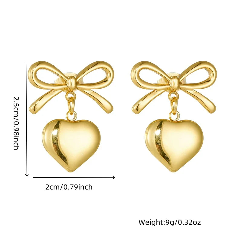 DIEYURO 316L Stainless Steel Gold Color Bow Heart Earrings For Womans New Fashion Exquisite Ear Accessories Jewelry Party Gifts