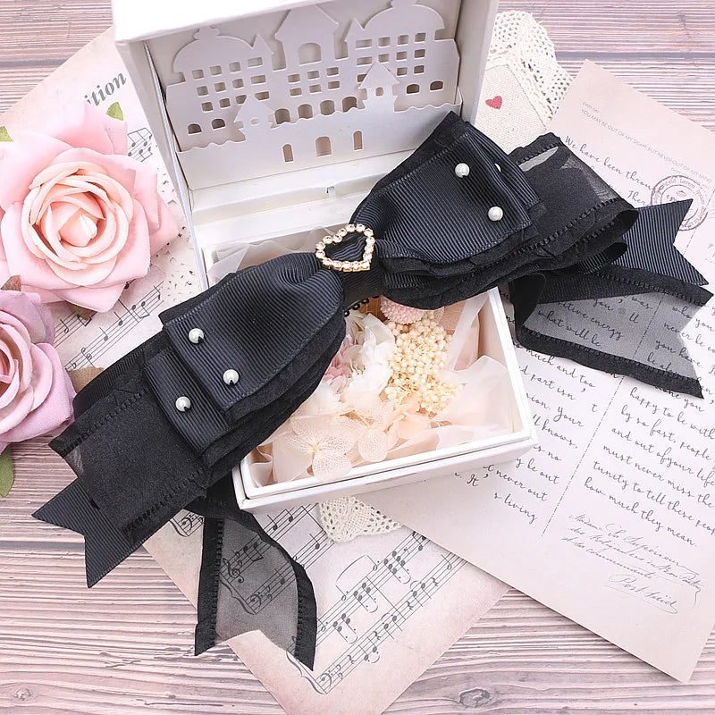 Sweet Beaded Yarn Ribbon Bezel Headwear Women Girls Vintage Big Bownot Hairband Wide Hairclip Headdress For Hairpin Accessories