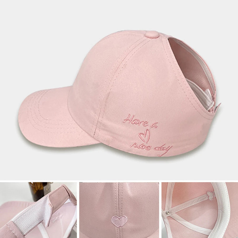 Y2K Sweet Bright Pink Rose Red Women Summer Hat Sun Cap Adjustable High Ponytail Baseball Caps Sun Protection Visor Hat Golf Cap