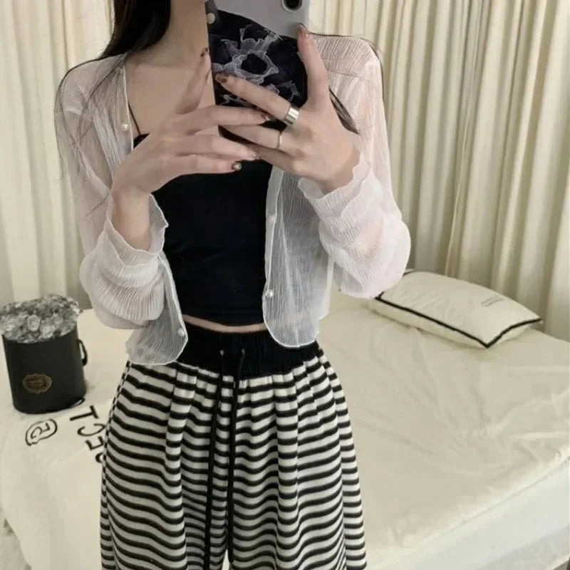 Y2k White Sun-proof Summer Transparent Short Shirts Female Casual Fashion Thin Shirt Woman Long Sleeve Sun Protection Clothing