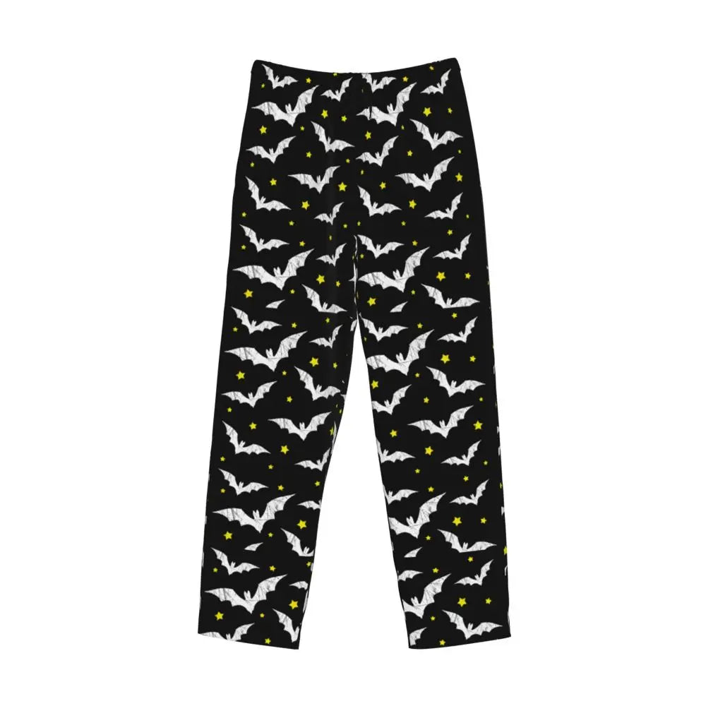 Custom Cute Spooky Halloween Bats Black And Purple Pajama Pants for Men Lounge Sleep Drawstring Sleepwear Bottoms with Pockets