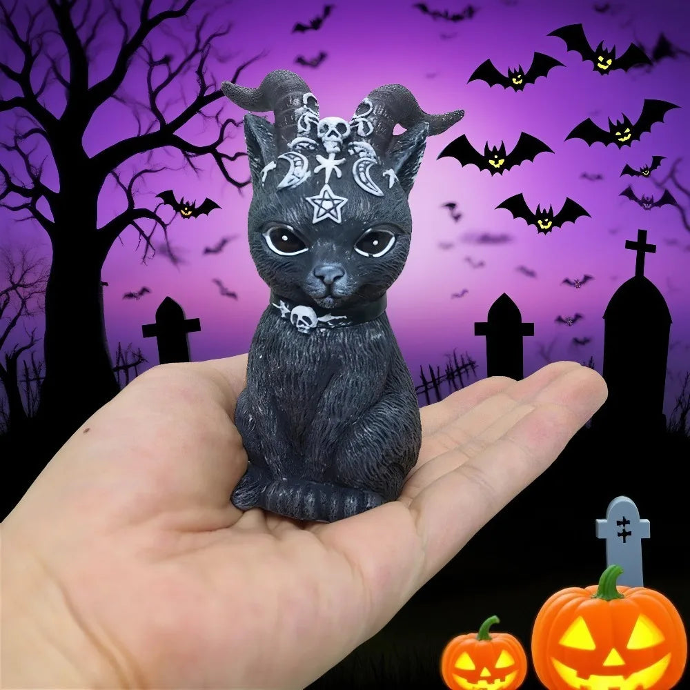 1PC Black Cat Statue Witch Gothic Decor Hand Painted Sculpture Halloween Desk Ornament Mysterious Cute Figurine Home Decor
