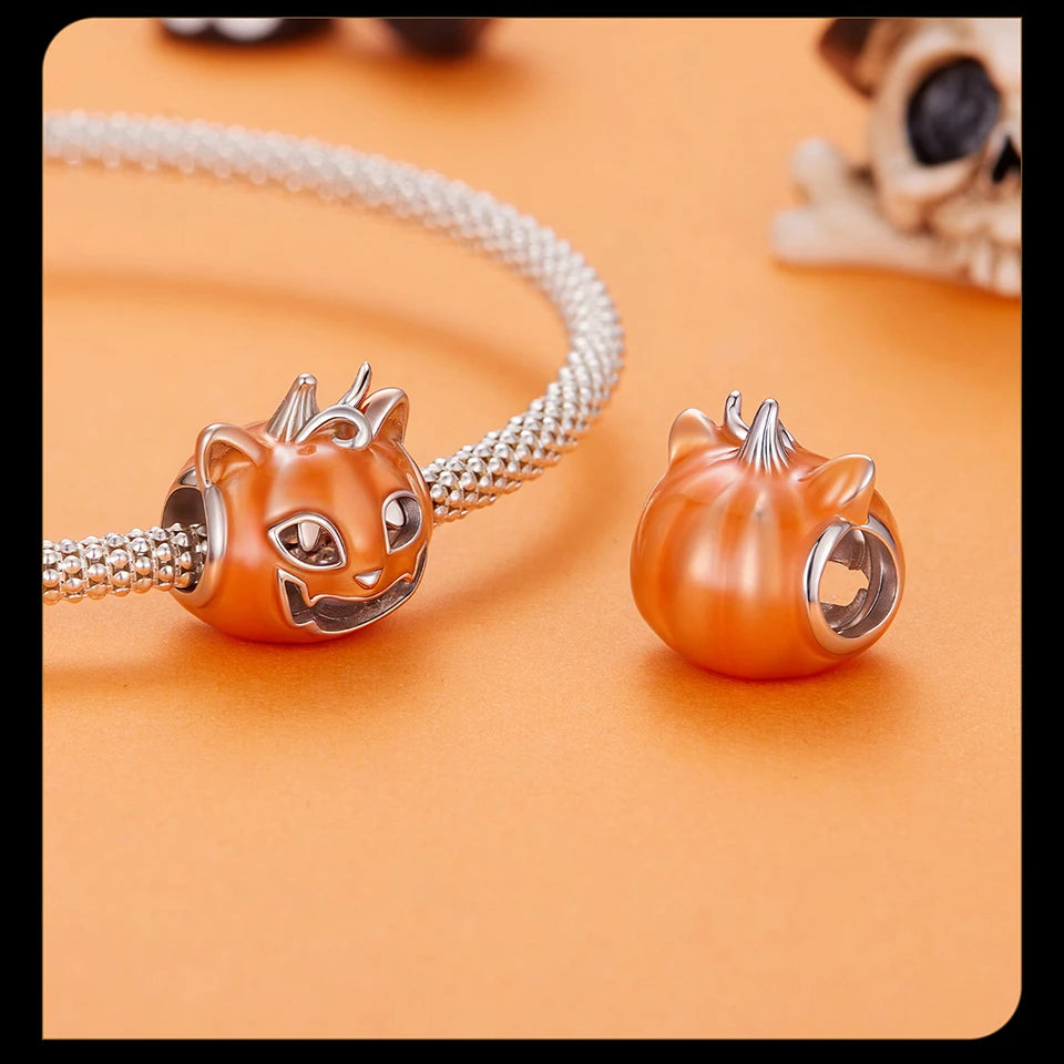 BISAER 925 Sterling Silver Halloween Skull & Pumpkin Charm Bead Pumpkin Cat Magic Crystal Pendant for Women DIY Bracelet Jewelry