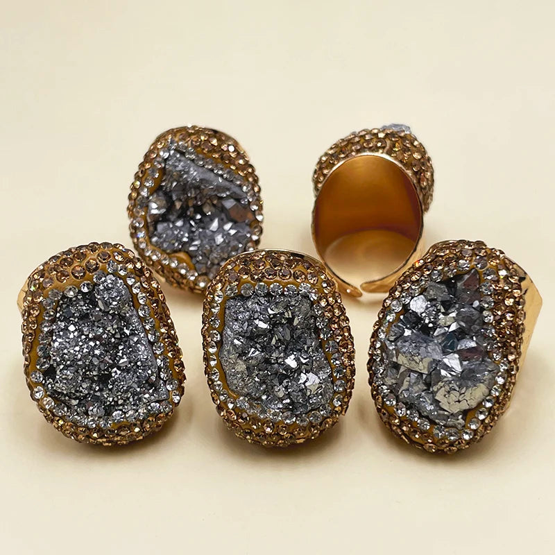 Irregular Druzy Quartz Stone Open Ring for Women Gilrs Micro Inlay Yellow Rhinestone Gold Plated Boho Finger Jewelry Resizable
