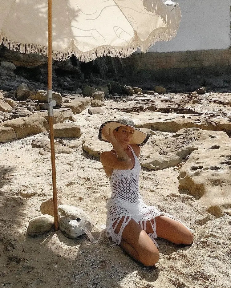 2024 Crochet White Knitted Beach Cover Up Dress Tunic Long Pareos Bikinis Cover Ups Swim Cover Up Robe Plage Beachwear