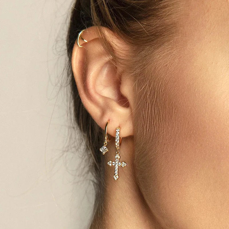 925 Sterling Silver Minimalist Jesus Cross Pendant Earrings Gold/Silver Hoop Earrings Fashion Wedding Party Earrings Jewelry