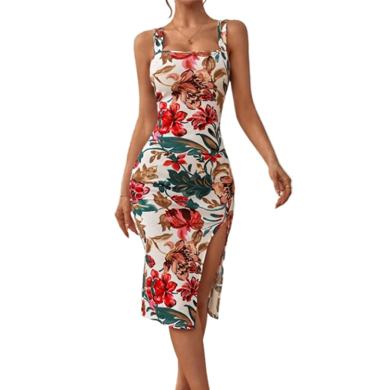Women's Daily Camisole Dress Summer Casual Vacation Style Sexy Sslit Print Pattern Backless Square Neck Sleeveless Lady's Dress