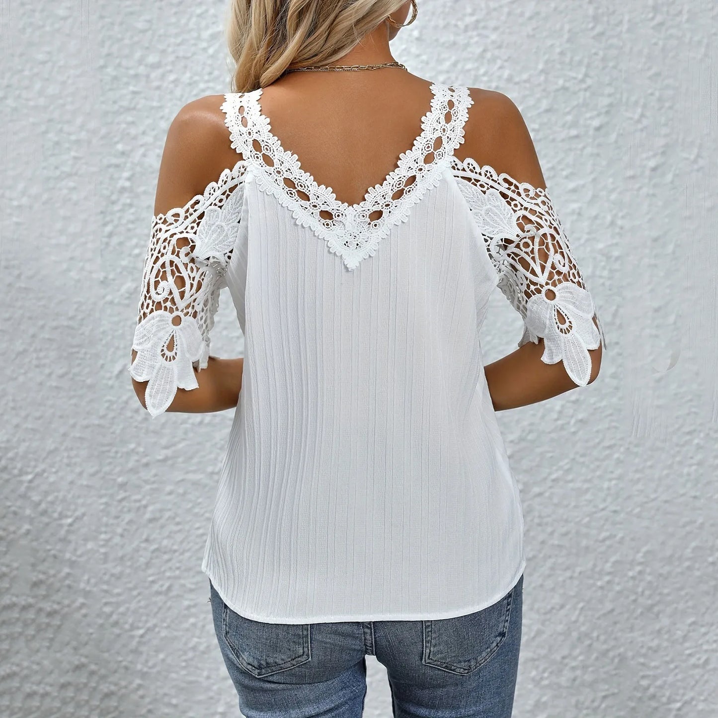 T Shirt for Women Trendy Women's Solid Color Sexy Lace Hollow Out Tops Embroidery Off Shoulder Slim Fit Shirts for Women