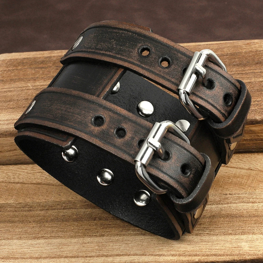 Vintage Punk Leather Cuff Strap 20mm Men's Wrist Watch Band with Mat Double Buckle Rivet Watchband Bracelet Watches Accessories