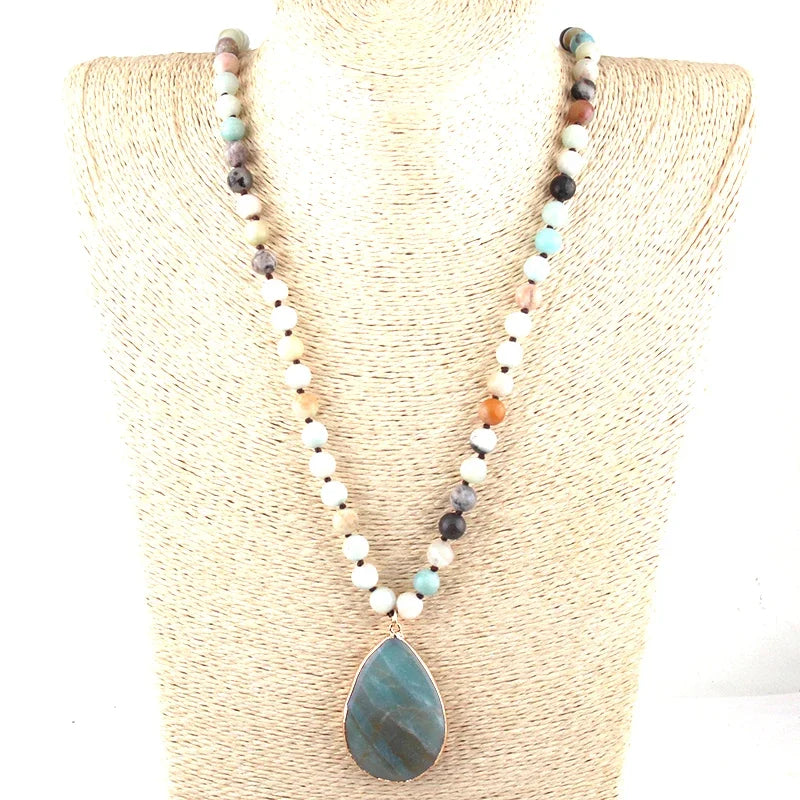 Fashion Bohemian Tribal Jewelry Amazonite Stones Long Knotted Stone Pendant Necklaces Women Ethnic Necklace