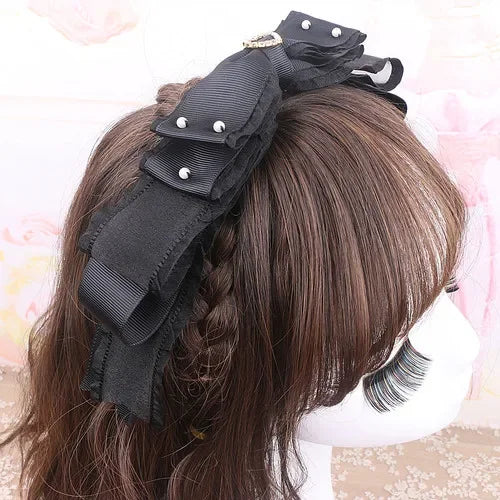 Sweet Beaded Yarn Ribbon Bezel Headwear Women Girls Vintage Big Bownot Hairband Wide Hairclip Headdress For Hairpin Accessories