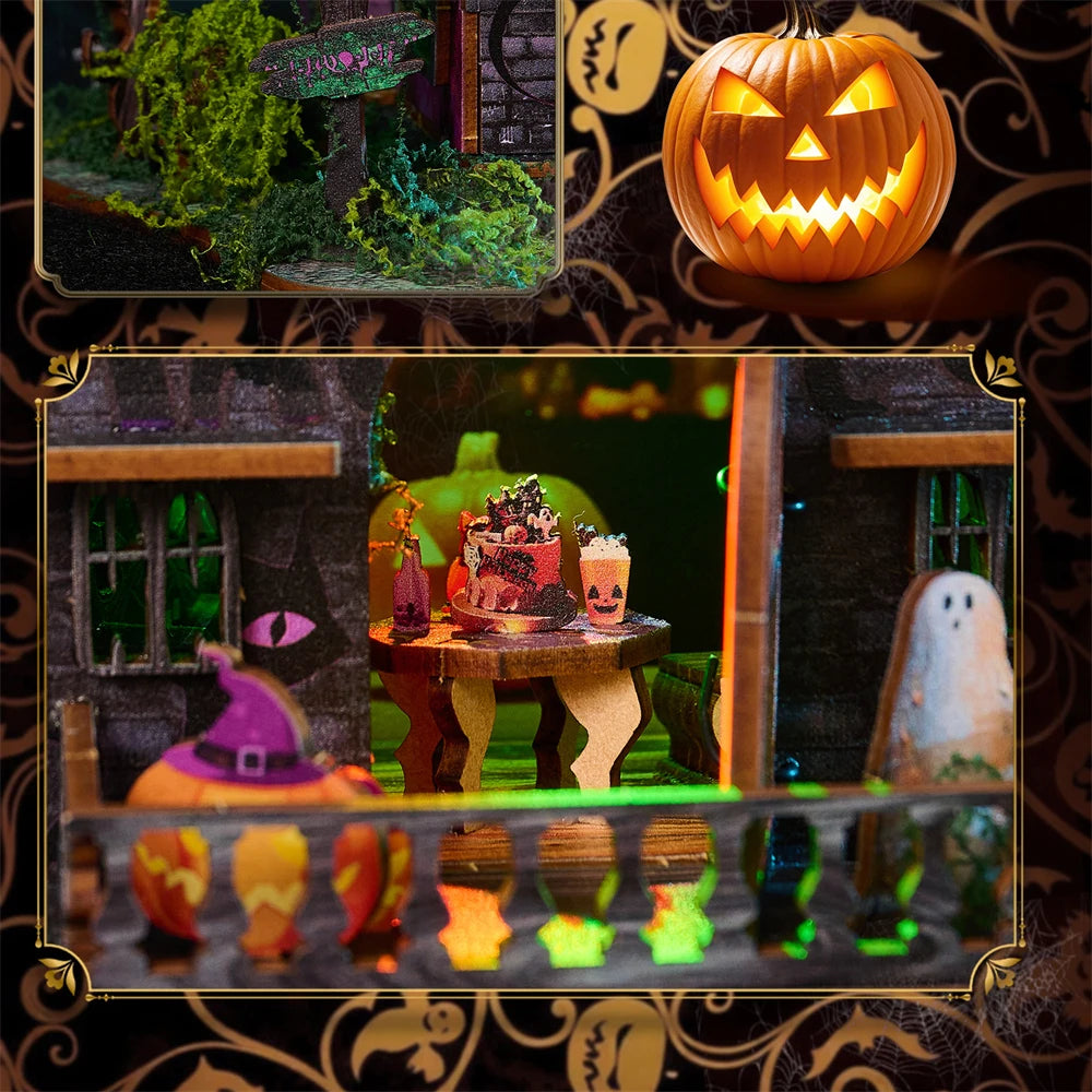 Retro DIY Wooden Halloween Night House Figurines Miniatures Kits With LED Lights Home Desk Decoration For Adult Handmade Gifts