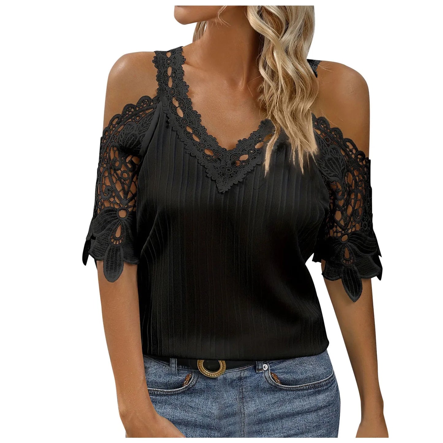 T Shirt for Women Trendy Women's Solid Color Sexy Lace Hollow Out Tops Embroidery Off Shoulder Slim Fit Shirts for Women