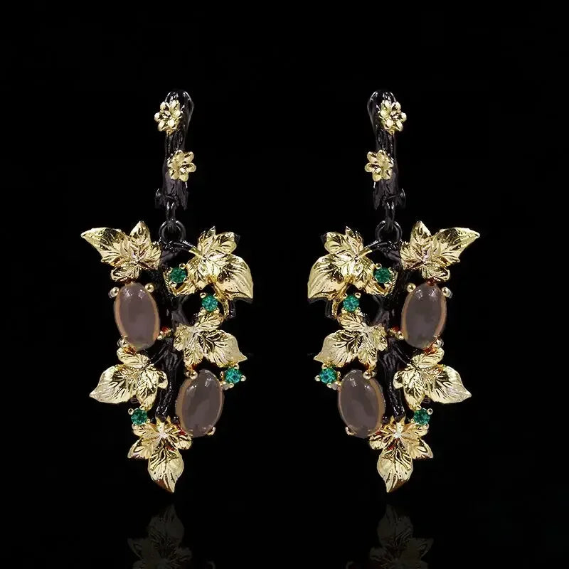 New Elegant Black Gold Ruby Pendant Flower Leaf 925 Silver Earrings Crystal Gemstone Ladies Jewelry Earrings Silver 925 Jewelry
