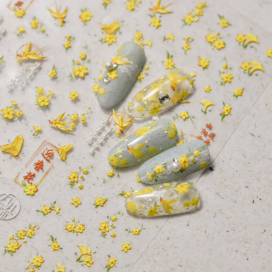 Classic Red Maple Leaves Golden Ginkgo Autumn Harvest 5D Nail Art Sticker Cute Pumpkins Ladybug Mushrooms Adhesive Manicure Deca