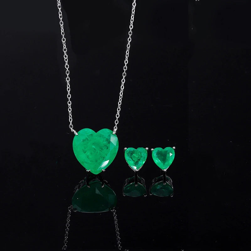 Luxury Silver Color Paraiba Tourmaline Gemstone Heart Necklace Earring for Women Wedding Dinner Party Jewelry Anniversary Gift