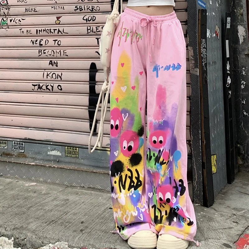 Kawaii Cute Dopamine Graffiti Casual Pants Women Tie Dye Summer Elastic High Waiste Drawstring Pockets Loose Wide Leg Trousers