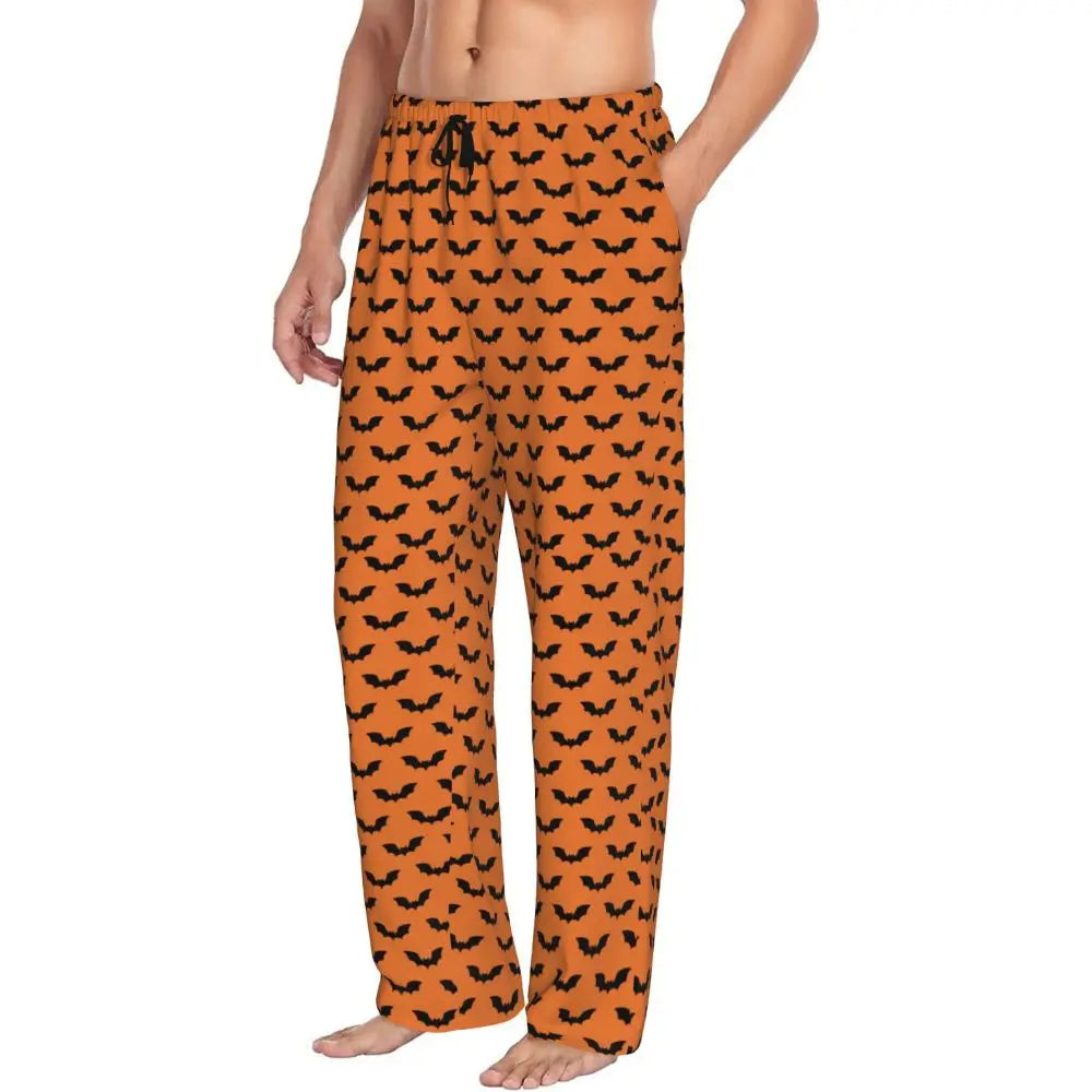 Custom Cute Spooky Halloween Bats Black And Purple Pajama Pants for Men Lounge Sleep Drawstring Sleepwear Bottoms with Pockets